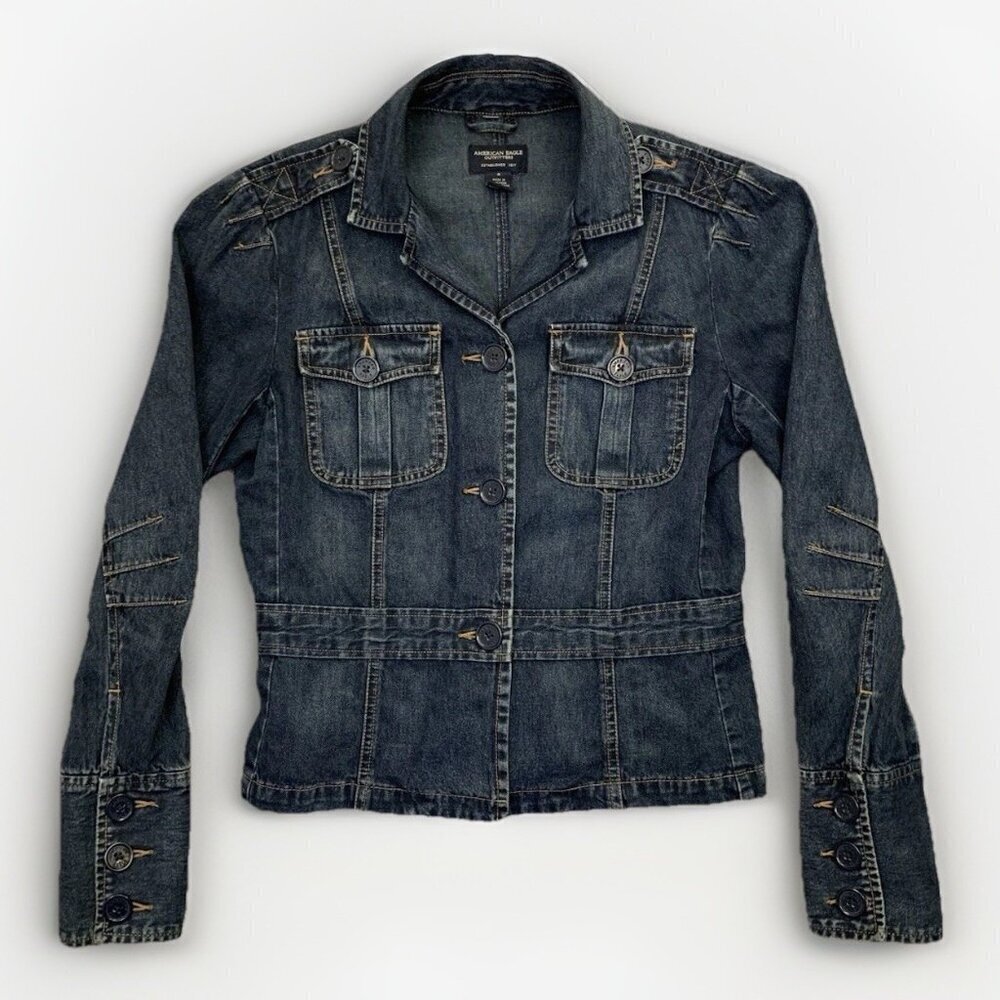 American Eagle Women's Denim Jean Jacket Size S Blue Long Sleeves Pockets EUC